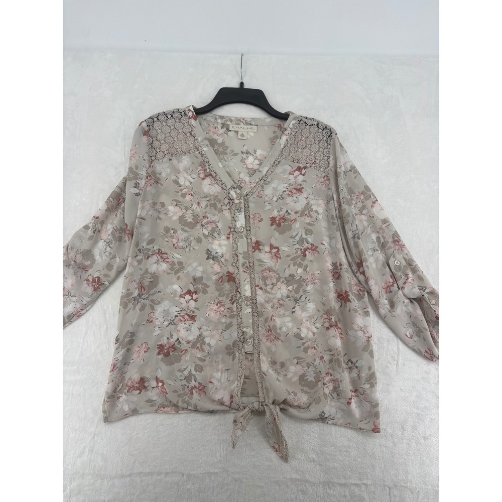 Emaline Blouse Women M Button Front Beige Floral Lace Shoulder Tie Hem Georgette